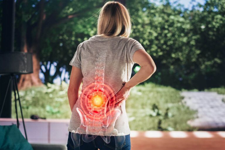 VFX Back Pain Augmented Reality Render. Close Up of a Female Experiencing Discomfort in a Result of Spine Trauma or Arthritis.
