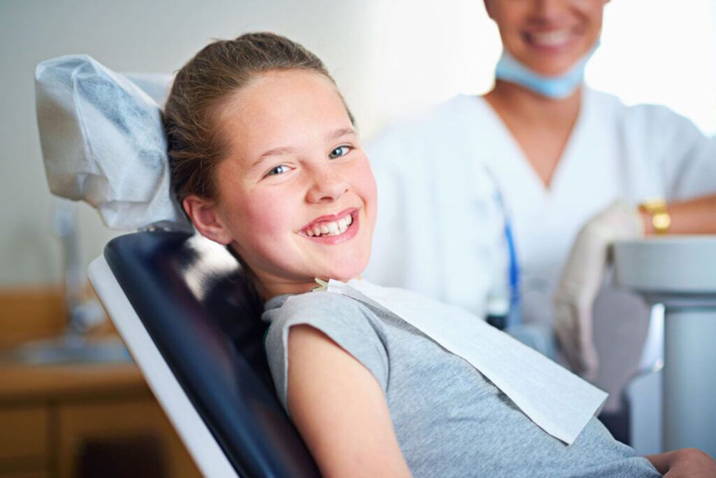 Dentist chair, exam or portrait of girl in consultation room for mouth, gum or wellness.