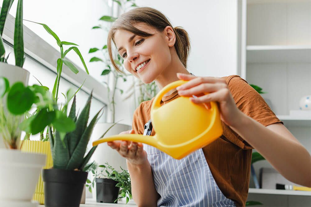 Joyful woman with brown hair happily waters her plants at home