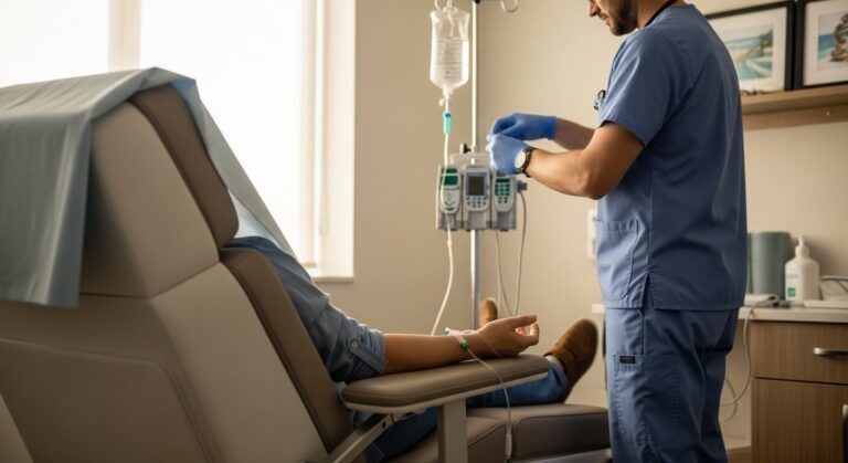 Patient reclining in modern infusion chair, IV visible, male doctor adjusting equipment nearby
