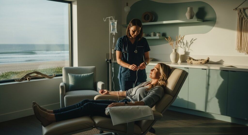 Doctor administering ketamine therapy in a calm, coastal clinic, patient relaxed in comfortable chair,