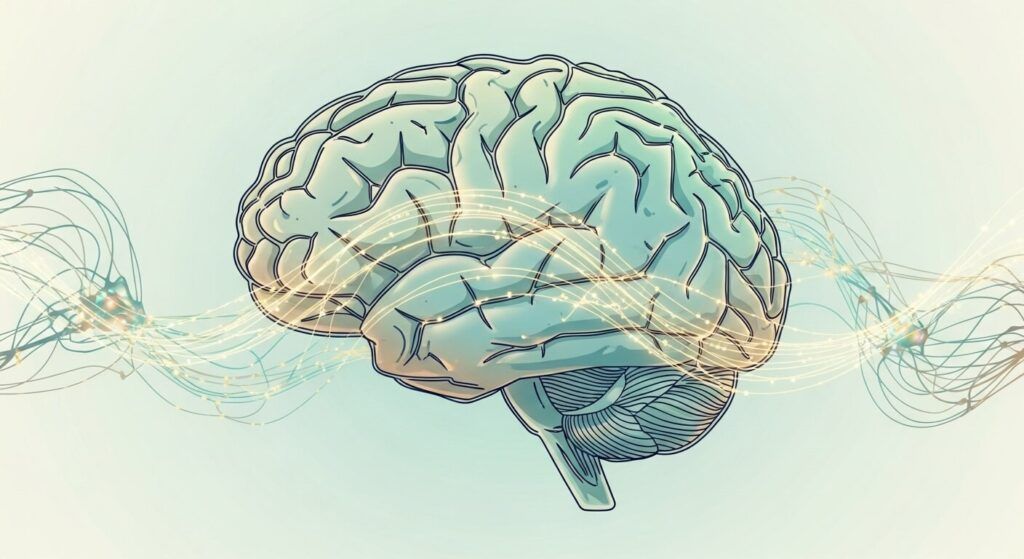 Abstract human brain illustration, glowing neural connections, soft coastal pastel colors (blues, greens, sandy tones)