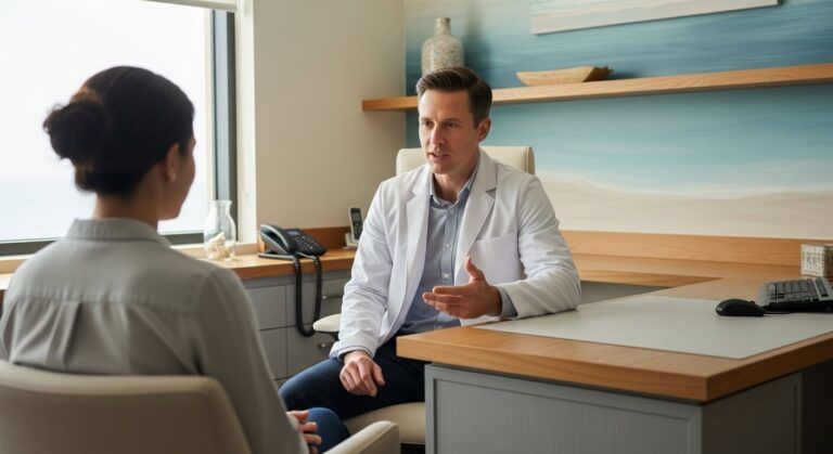 Male doctor speaking with a patient in a calm, coastal medical office