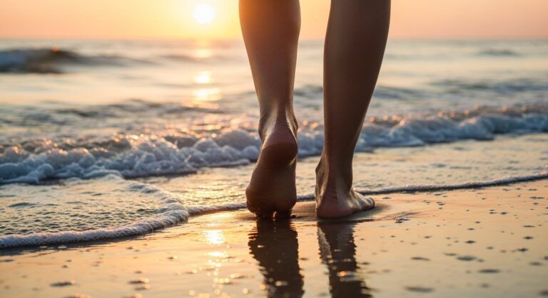 Close-up of a person walking barefoot along the beach at sunrise
