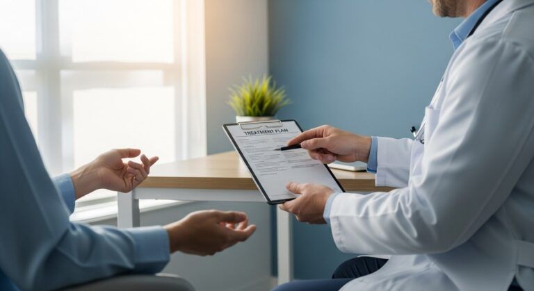 Male doctor reviewing notes or treatment plan with patient