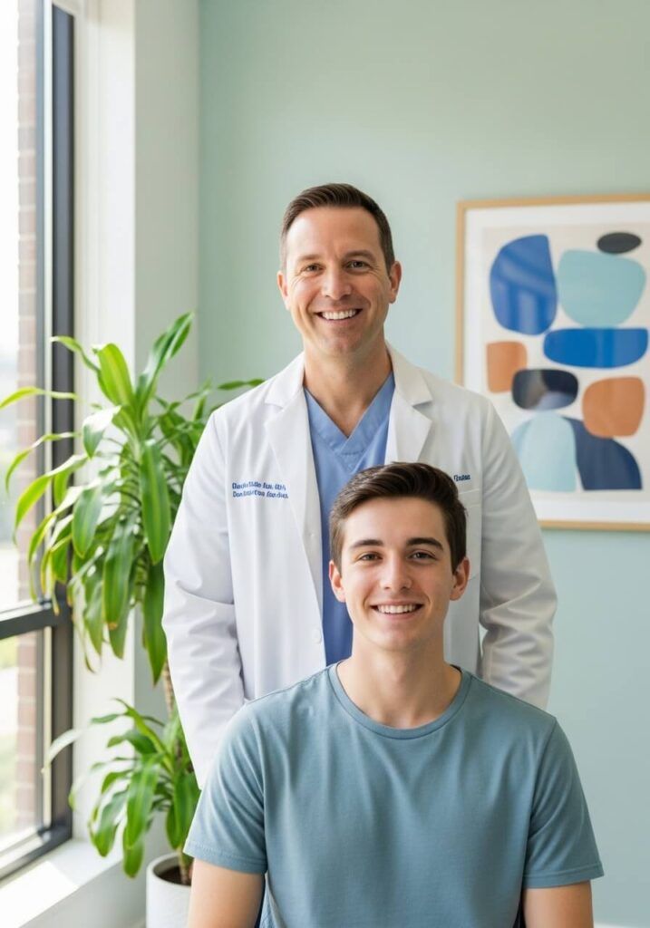 Male doctor with a young teenage patient looking in the camera,