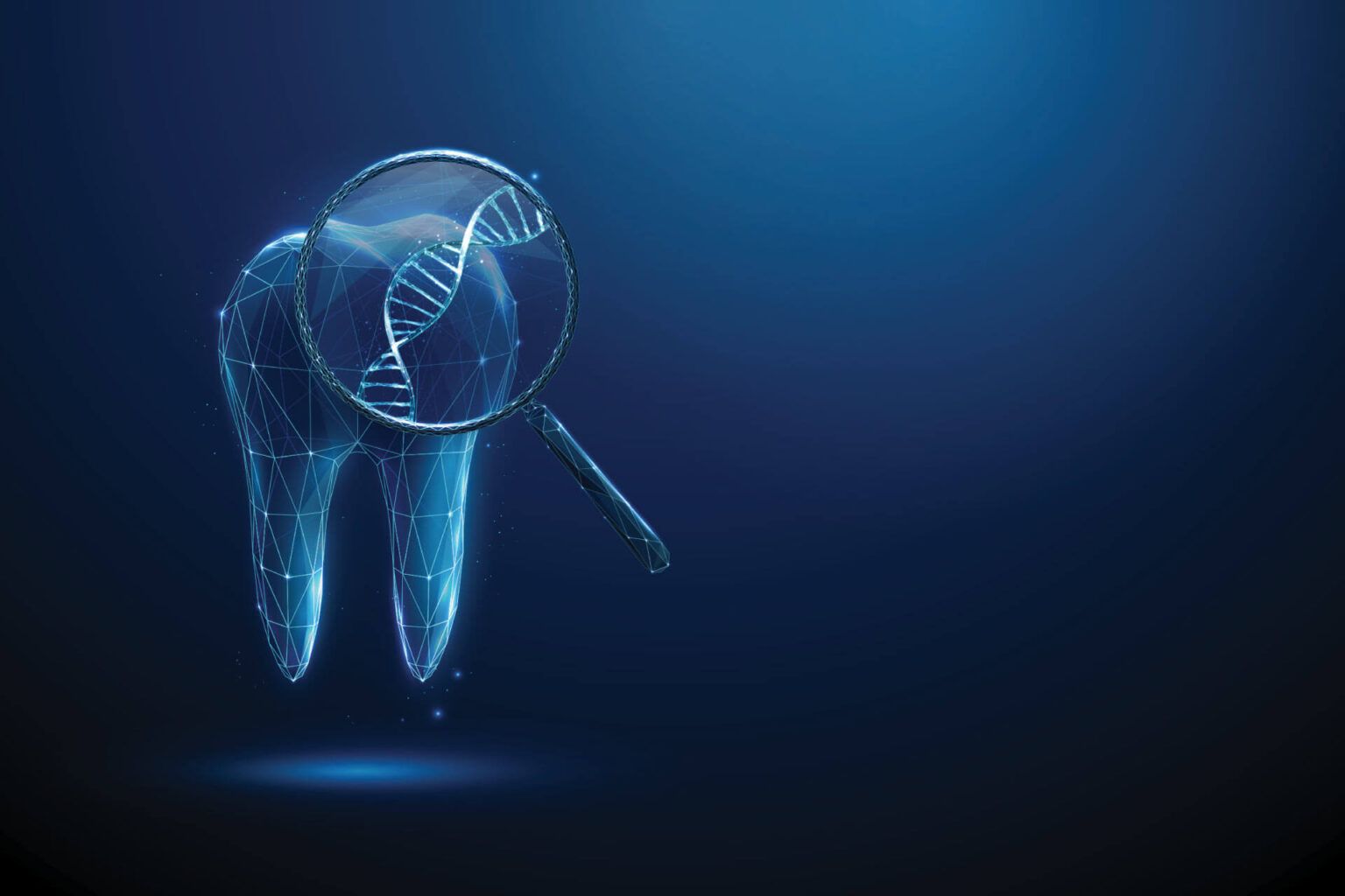 3d tooth under magnifying glass with DNA helix inside.