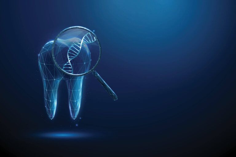 3d tooth under magnifying glass with DNA helix inside.