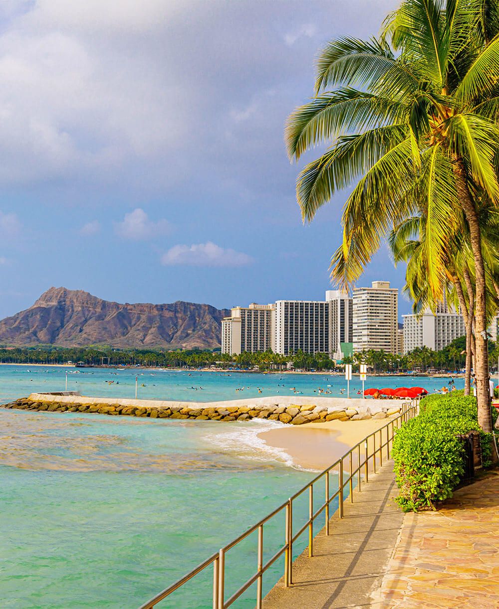 View of The Waikiki Beach Shoreline With Diamondhead in The Distance