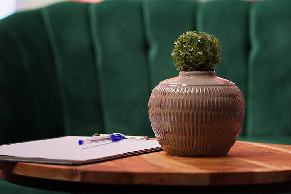 Empty therapist office with modern furniture and decorations to create a safe space for the customers