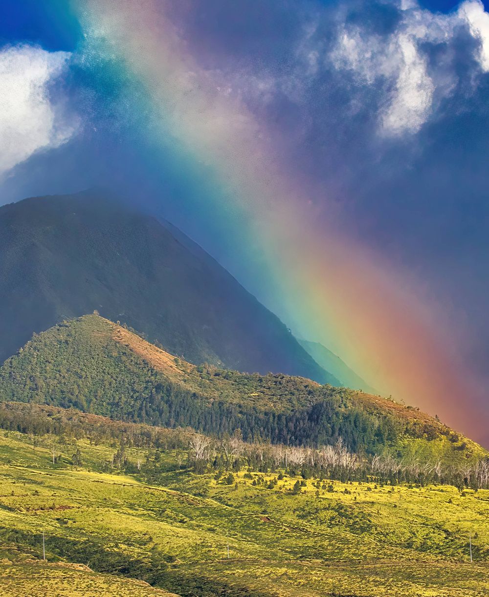 Intense colors of a rainbow lying across the west Maui mountains.