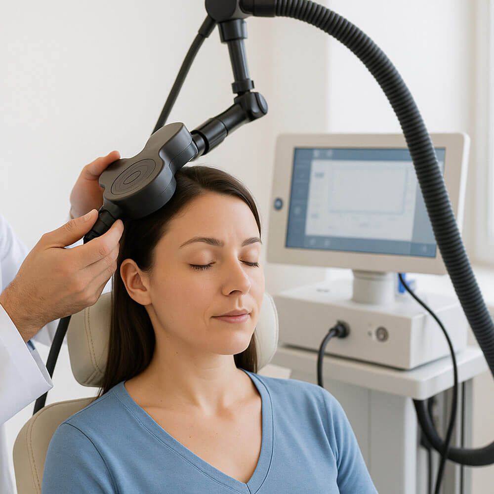 a Transcranial Magnetic Stimulation (TMS) device being used for therapy