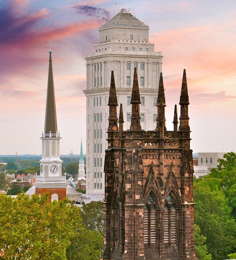 the skyline of downtown Elizabeth, New Jersey, featuring historic architecture.