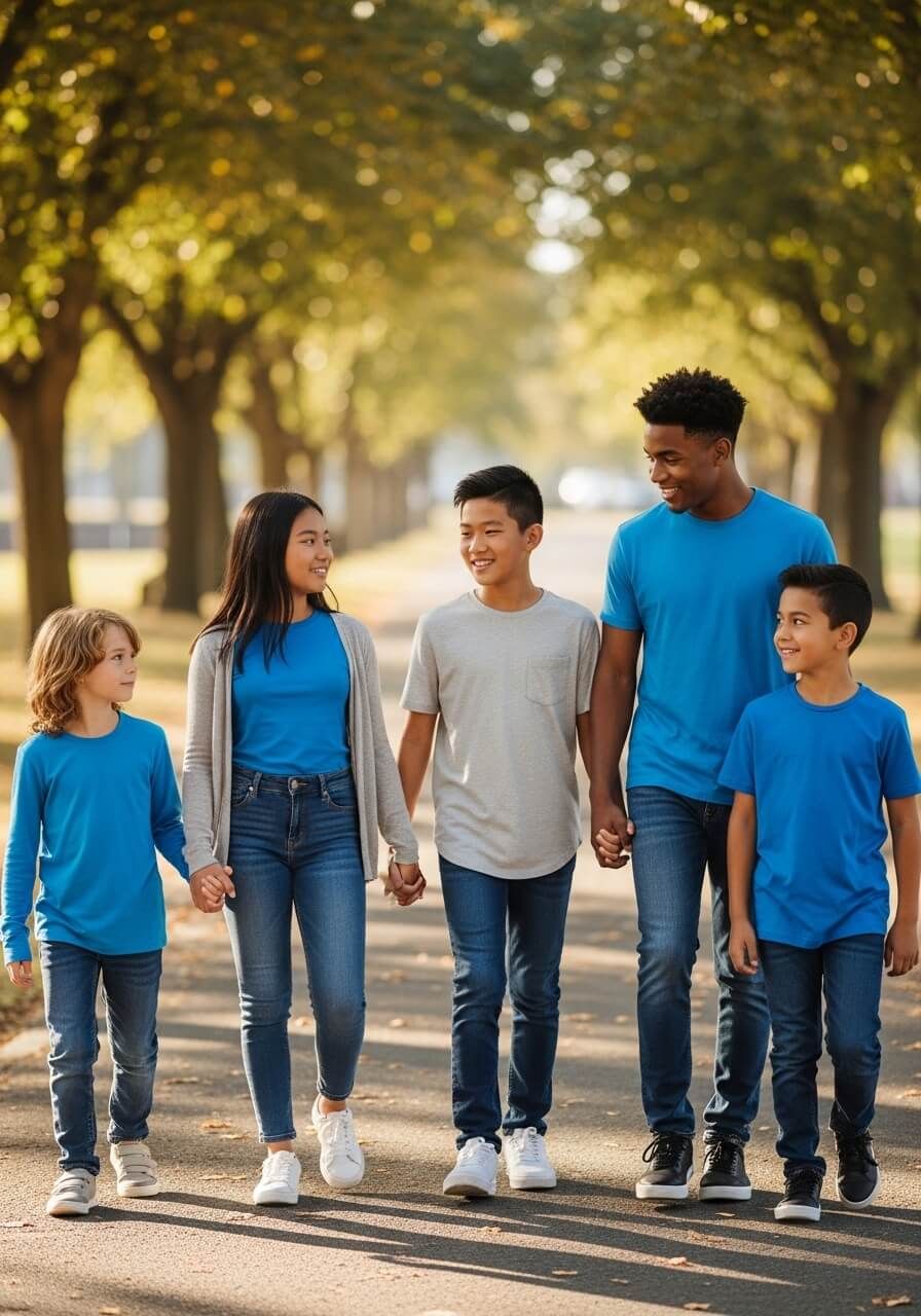 Realistic lifestyle photograph of a small, diverse group of 2–4 children, teens, or young adults — representing Caucasian, Asian, African American, and Hispanic individuals