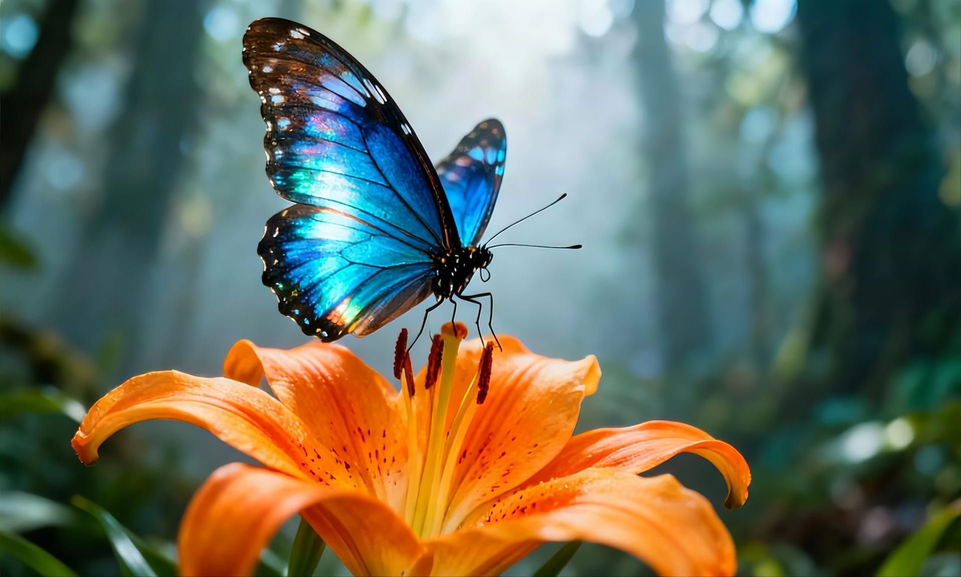A stunning, vibrant blue morpho butterfly perched delicately on a bright orange lily flower in a dreamy, sun-dappled forest