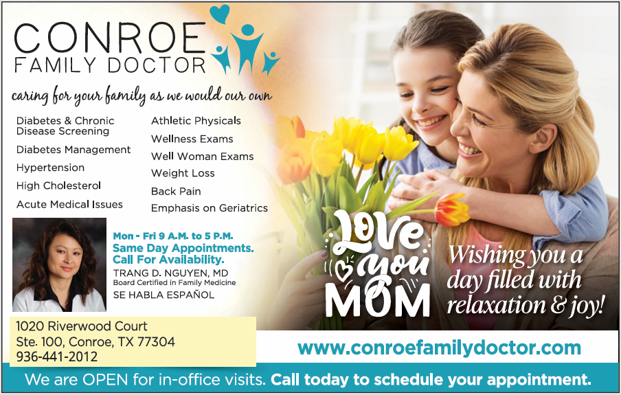 Celebrate Mother’s Day with your trusted family doctor in Conroe, TX. Compassionate primary care, women’s health, and wellness services for the whole family. Book today!