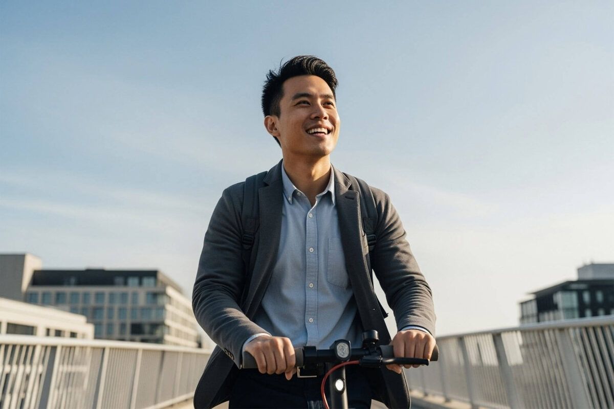 close-up of a young handsome Asian man riding an electric scooter on a modern urban bridge