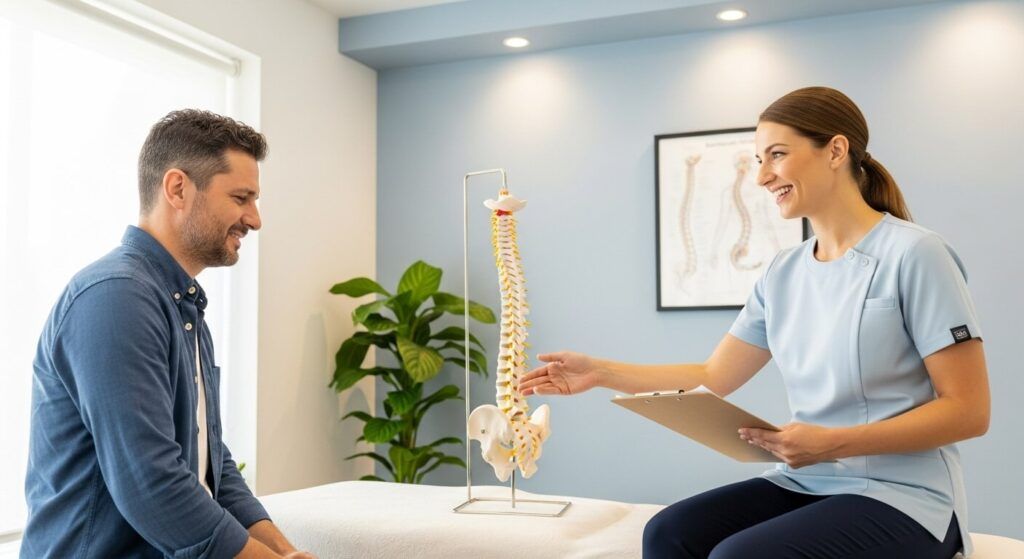 Doctor consulting patient in modern chiropractic clinic