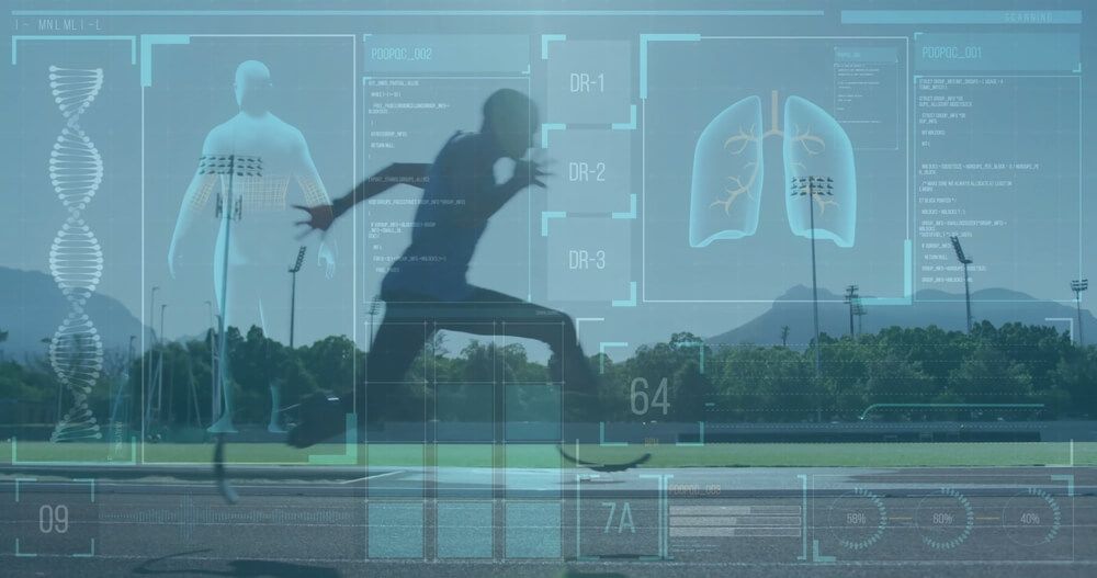 Medical data and human body analysis image over outdoor sports field