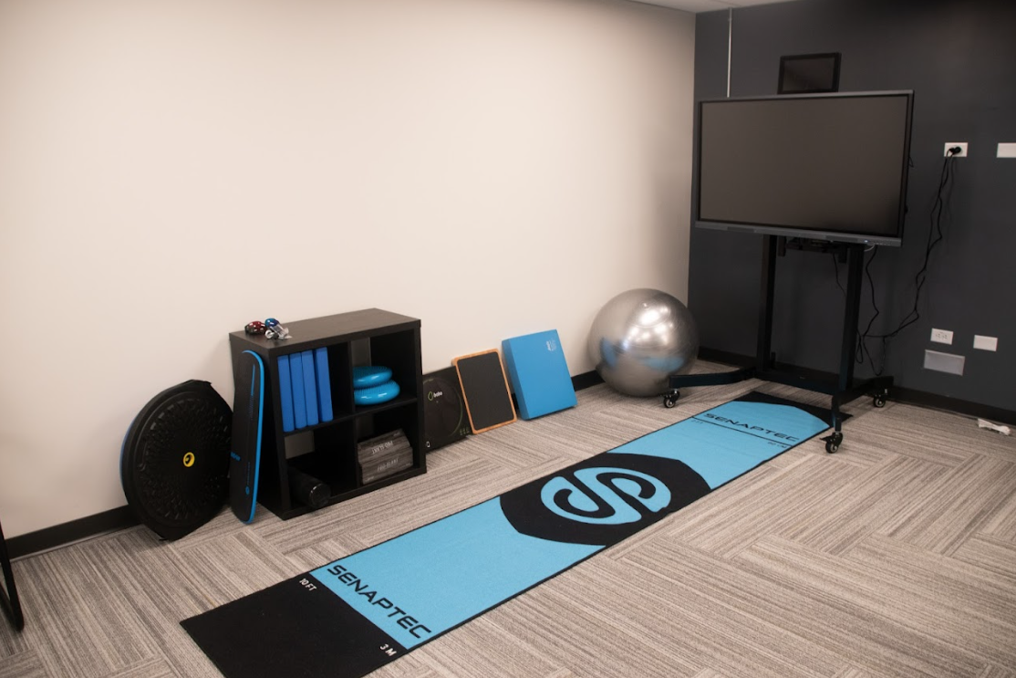 This room features the Senaptec Sensory Station, a touchscreen technology system designed for assessment and athletic training.