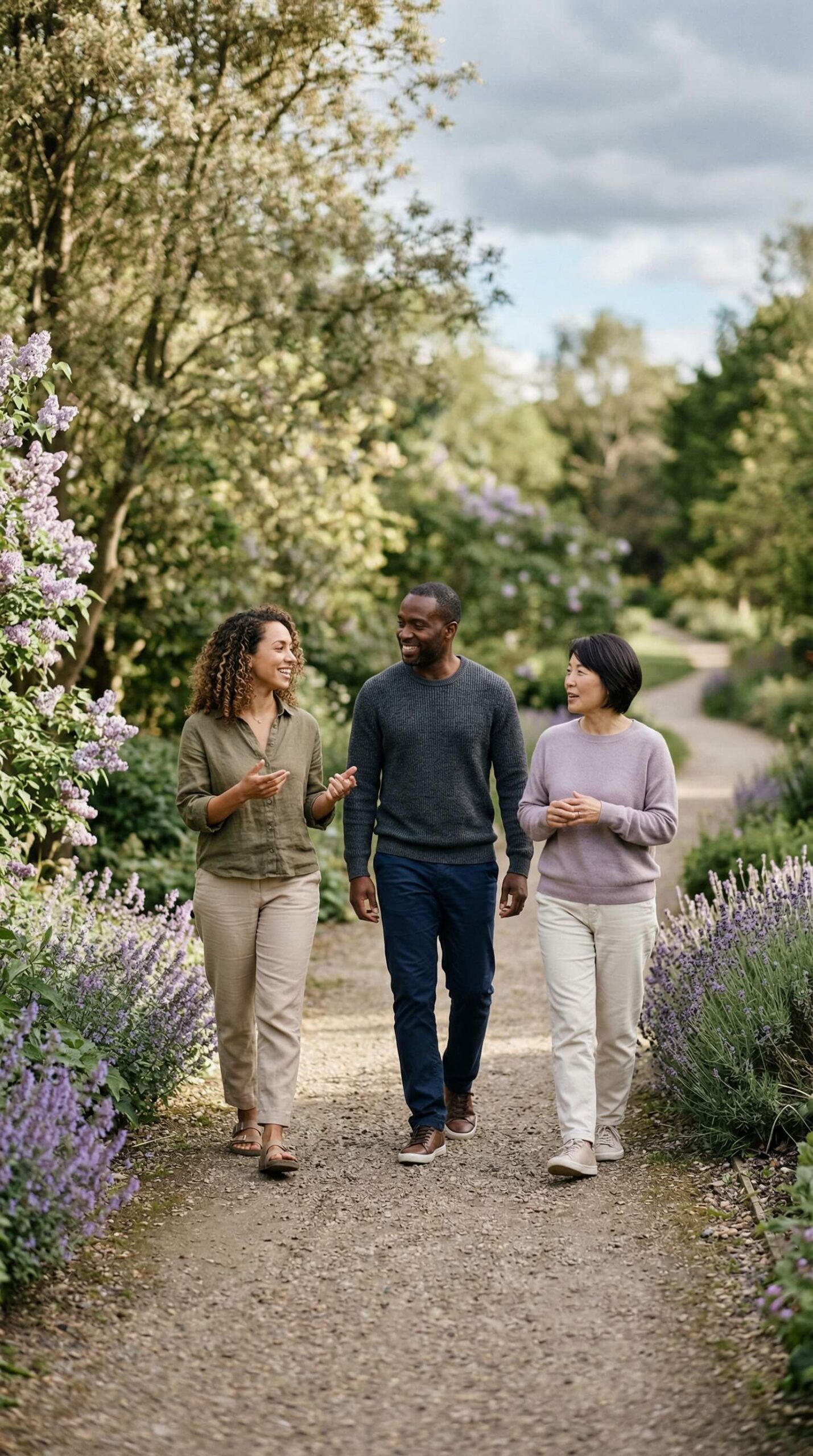 Calm lifestyle photo of three adults having a relaxed conversation while walking through a peaceful park