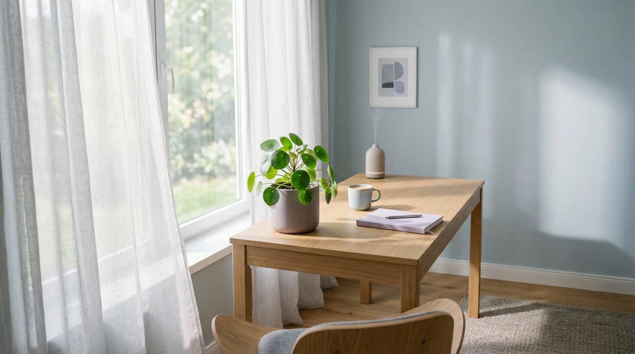 Minimal modern interior with soft sunlight streaming through sheer curtains onto a small plant and clean desk,