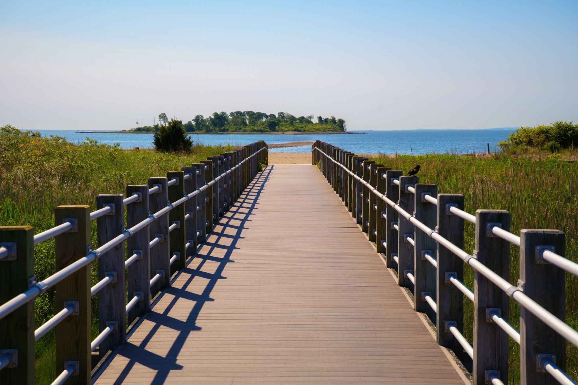 Wooden boardwalk crossing marshland and leading to the beach at Silver Sands State Park in Milford, Connecticut