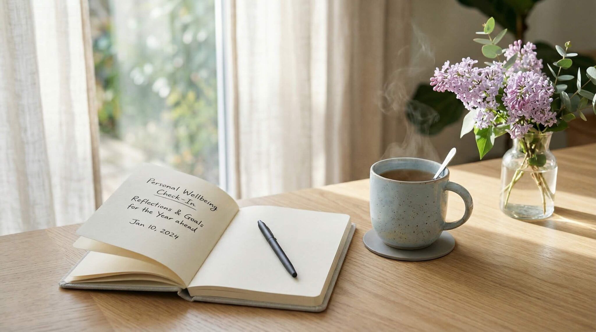 Soft lifestyle scene of a notebook and warm tea on a minimal desk near a bright window, gentle morning sunlight filling the room