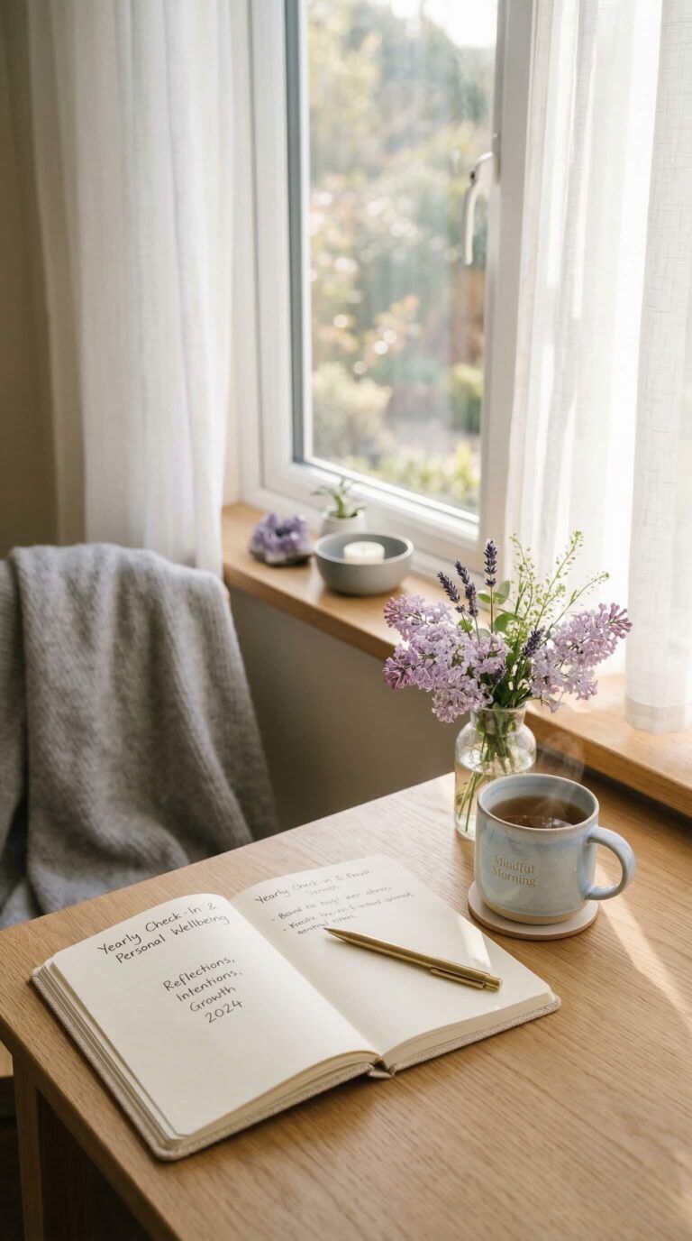 Soft lifestyle scene of a notebook and warm tea on a desk