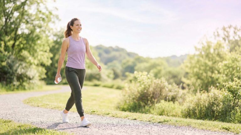bright image of a person walking outdoors in soft natural light, relaxed and confident posture