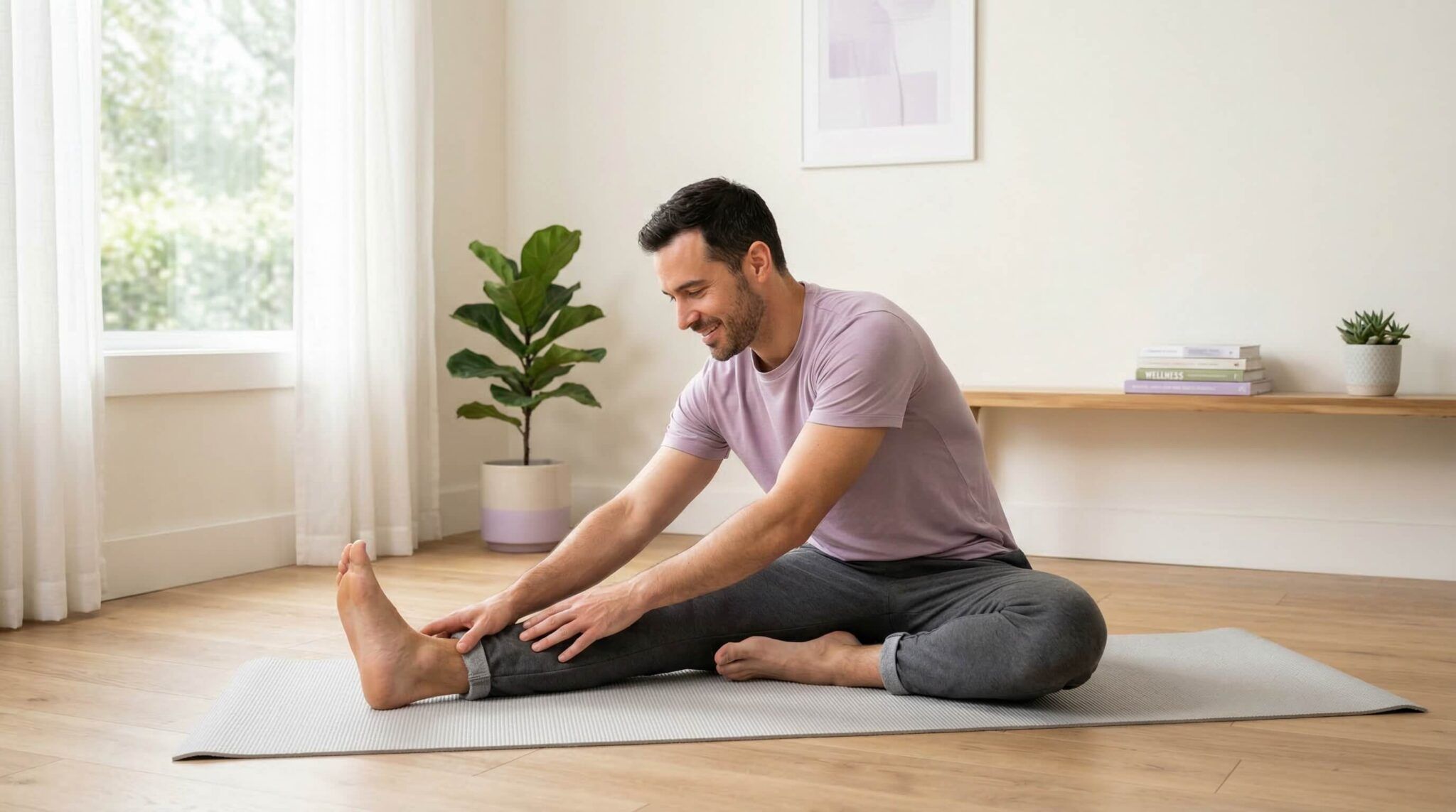 bright lifestyle image of a man gently stretching or improving mobility in a calm environment