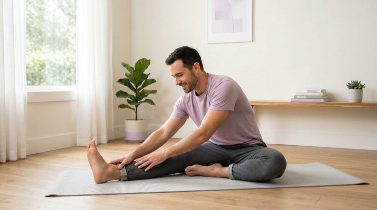bright lifestyle image of a man gently stretching or improving mobility in a calm environment