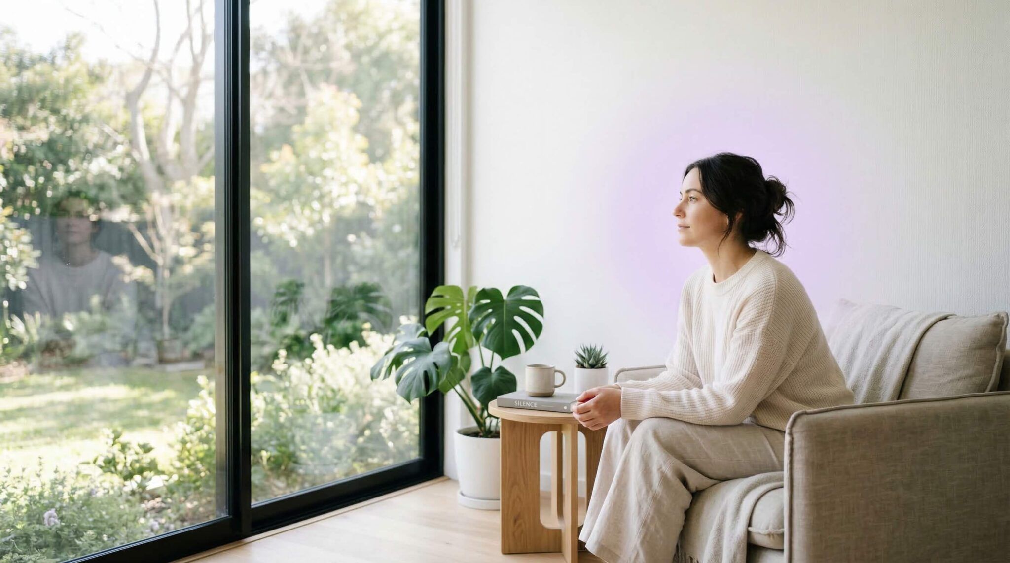 bright lifestyle photo of a person sitting near a large window in quiet reflection