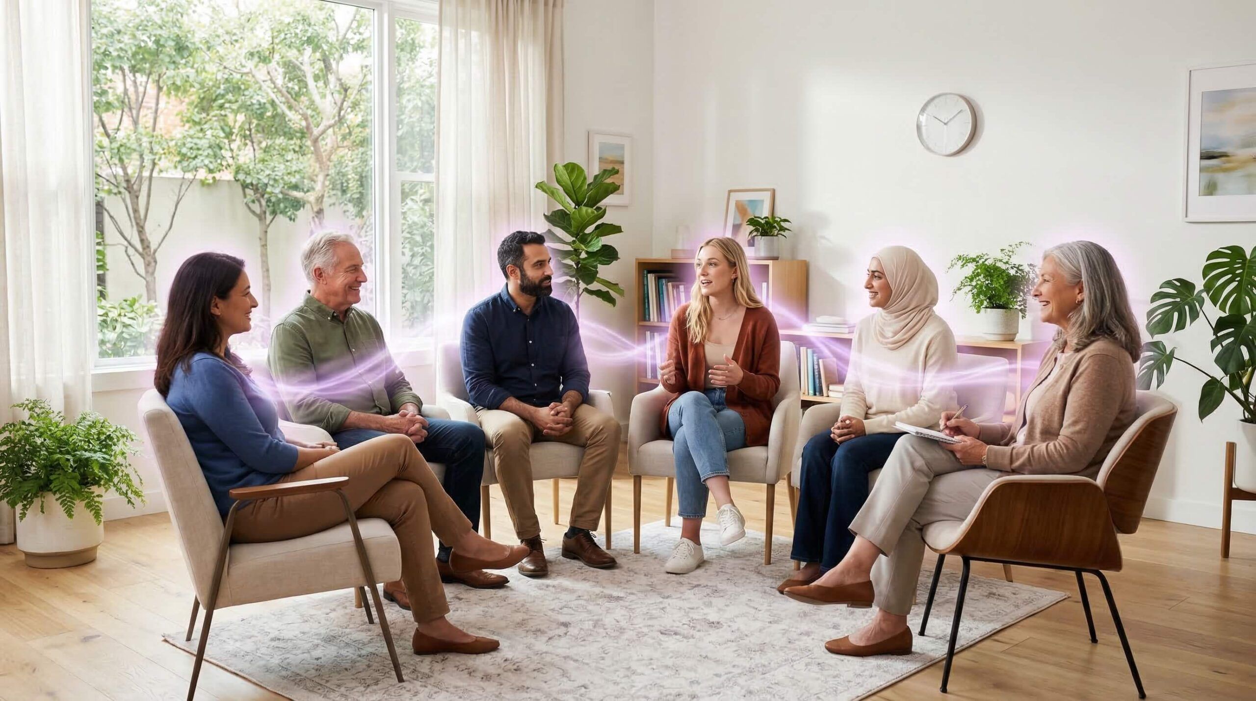 bright modern therapy room with a small support group sitting in chairs in conversation