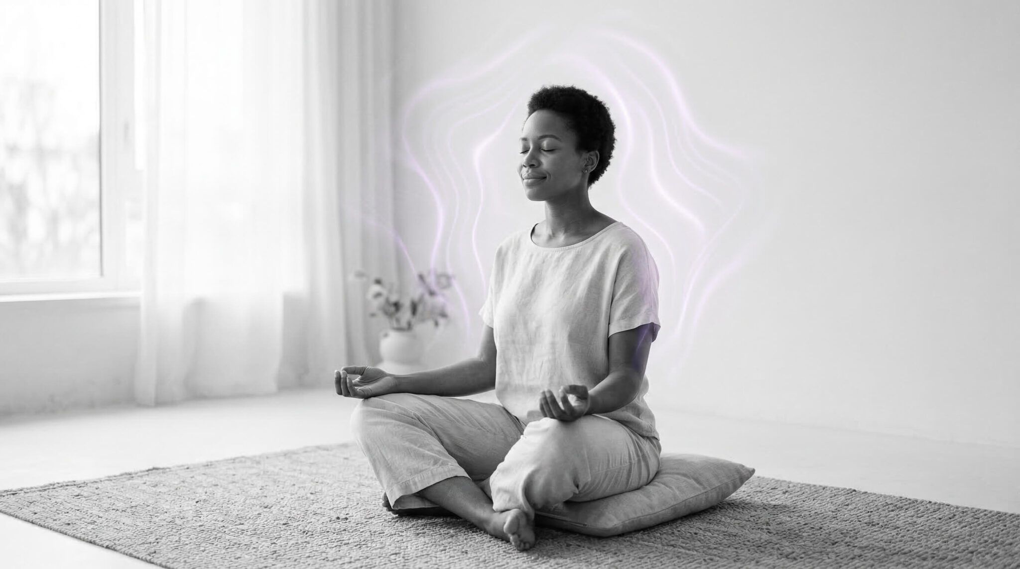 grayscale image of a person practicing calm breathing with eyes closed, soft daylight,